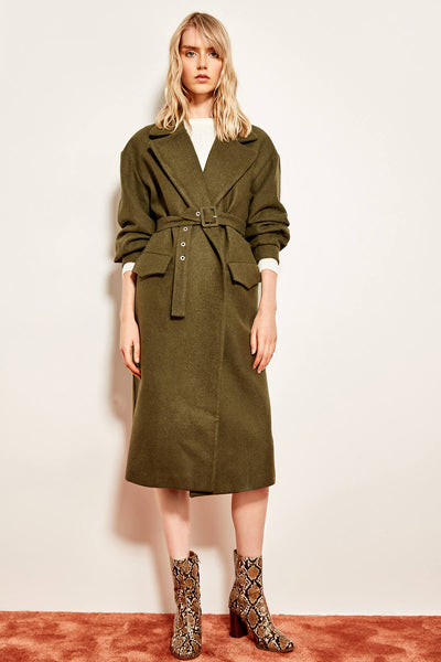 Birds Eye Detail Green Belt Long Coat