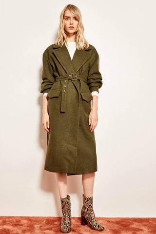 Birds Eye Detail Green Belt Long Coat