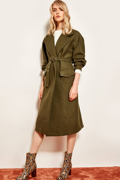 Birds Eye Detail Green Belt Long Coat