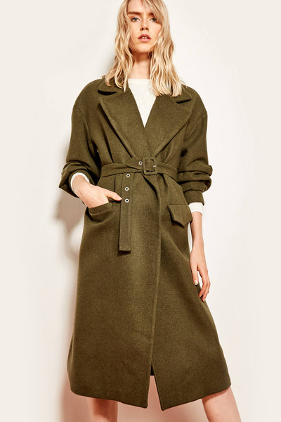 Birds Eye Detail Green Belt Long Coat