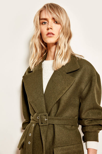 Birds Eye Detail Green Belt Long Coat