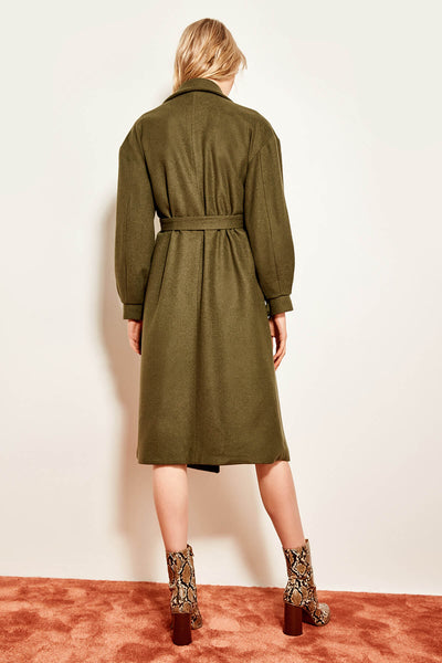 Birds Eye Detail Green Belt Long Coat