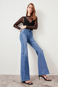 Blue Side Embroidery High Waist Flare Jeans