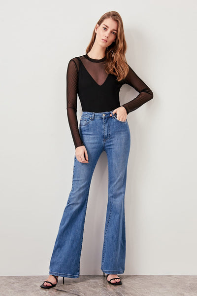 Blue Side Embroidery High Waist Flare Jeans