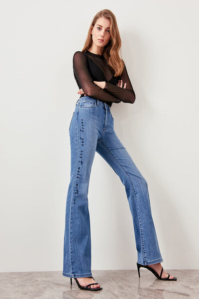 Blue Side Embroidery High Waist Flare Jeans