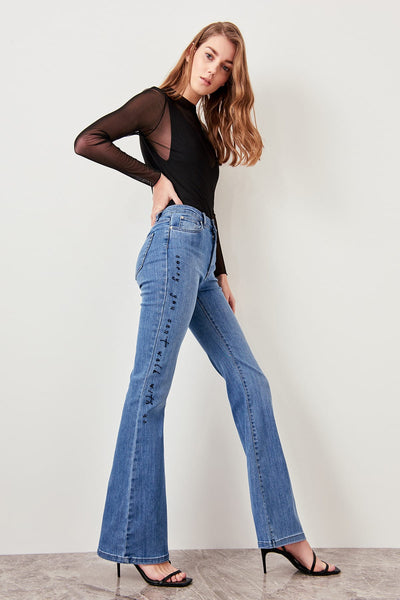 Blue Side Embroidery High Waist Flare Jeans