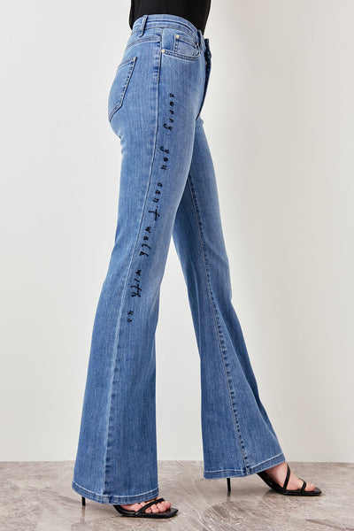 Blue Side Embroidery High Waist Flare Jeans