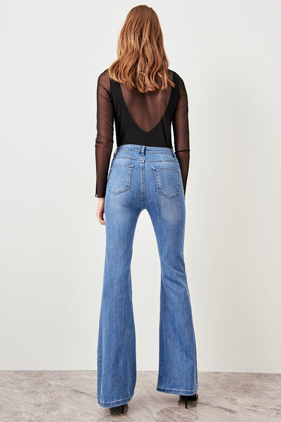 Blue Side Embroidery High Waist Flare Jeans