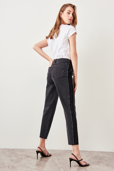 Black Side Block Tassel Detail High Waist Jeans