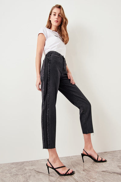 Black Side Block Tassel Detail High Waist Jeans