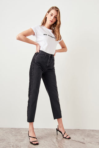 Black Side Block Tassel Detail High Waist Jeans