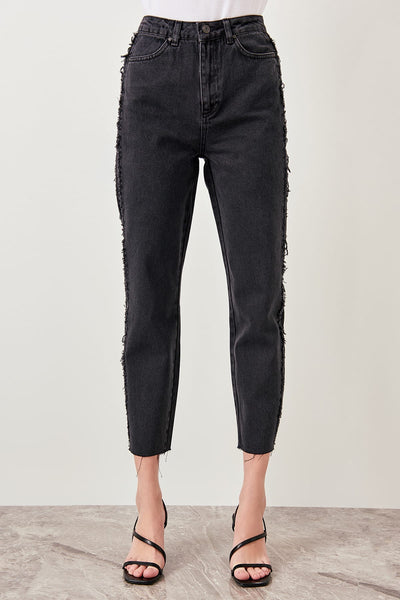 Black Side Block Tassel Detail High Waist Jeans