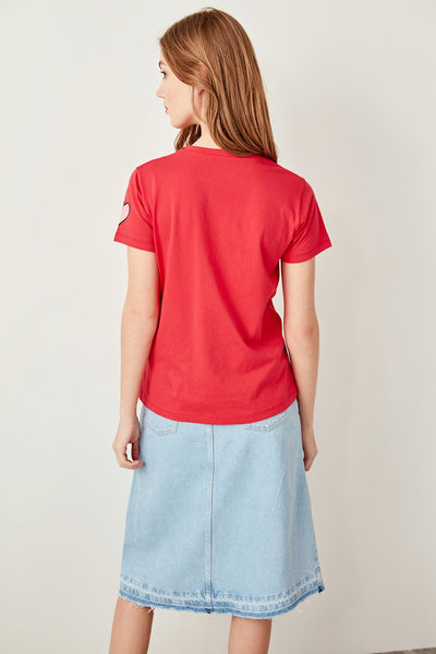 Red Printed Semi-Fitted Knitted T-shirts