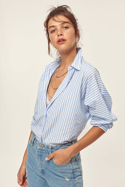 Blue Striped Balloon Sleeve Shirt