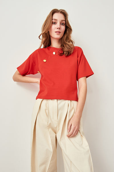 Red Button Knit Tops