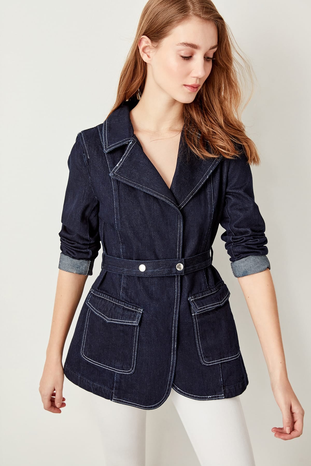 Navy Contrast Stitch Detail Denim Jacket