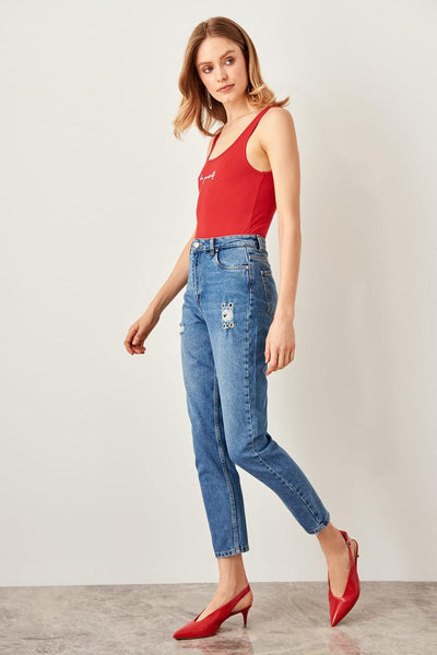 Blue Bird Detailed High Bel Mom Jeans