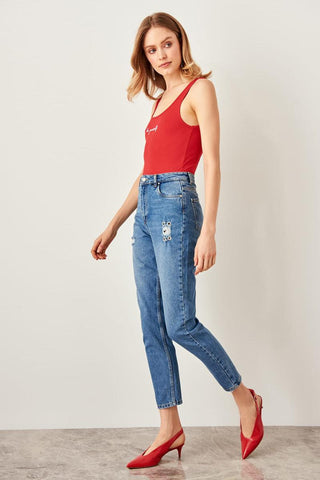 Blue Bird Detailed High Bel Mom Jeans