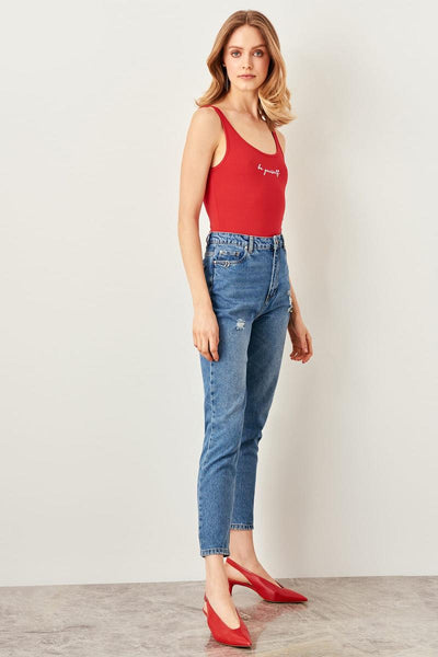 Blue Bird Detailed High Bel Mom Jeans