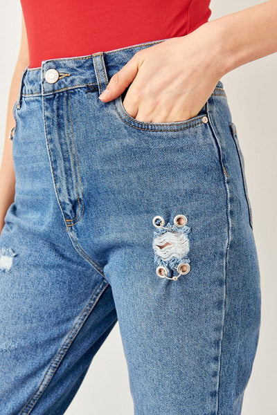 Blue Bird Detailed High Bel Mom Jeans