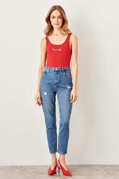 Blue Bird Detailed High Bel Mom Jeans