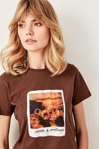 Brown Polaroid Printed Basic Knitted T-Shirts