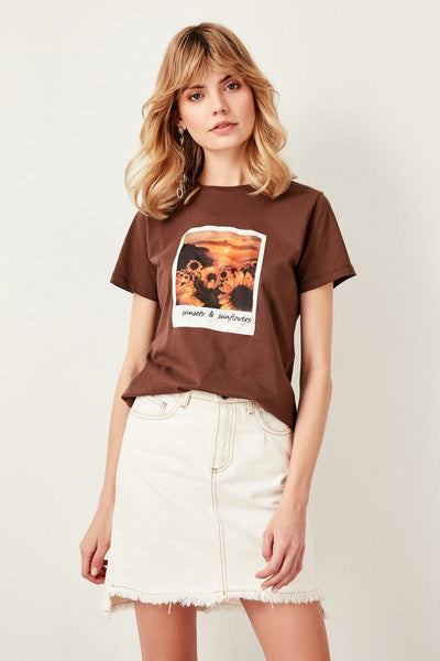 Brown Polaroid Printed Basic Knitted T-Shirts