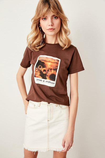 Brown Polaroid Printed Basic Knitted T-Shirts