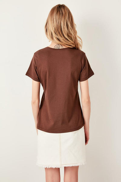 Brown Polaroid Printed Basic Knitted T-Shirts