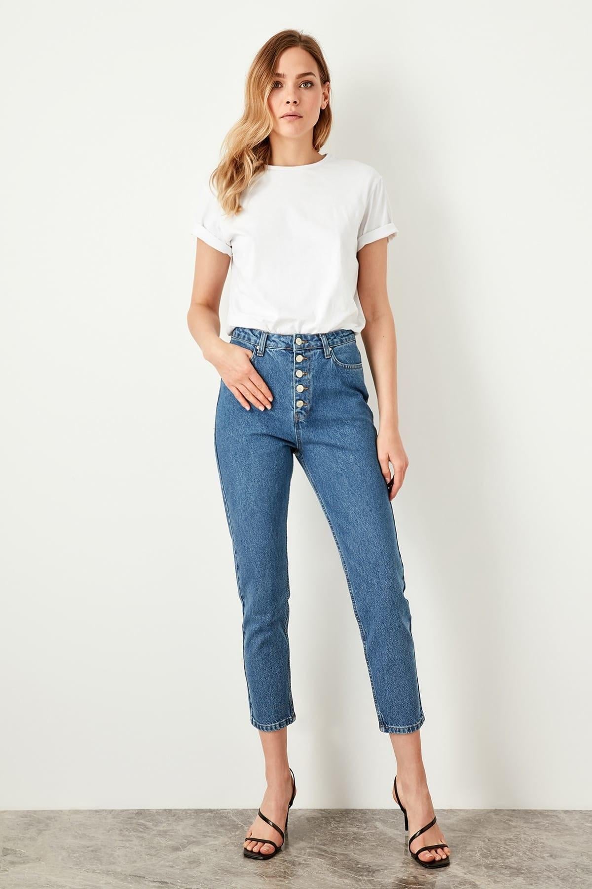 Light Blue Front Button High Waist Mom Jeans