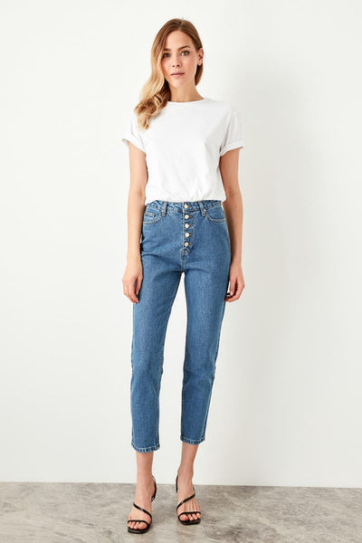 Light Blue Front Button High Waist Mom Jeans