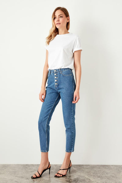 Light Blue Front Button High Waist Mom Jeans