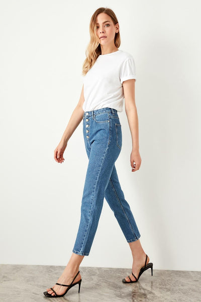 Light Blue Front Button High Waist Mom Jeans