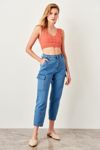 Blue Cargo Pocket High Waist Mom Jeans