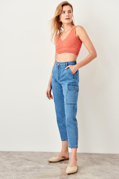 Blue Cargo Pocket High Waist Mom Jeans