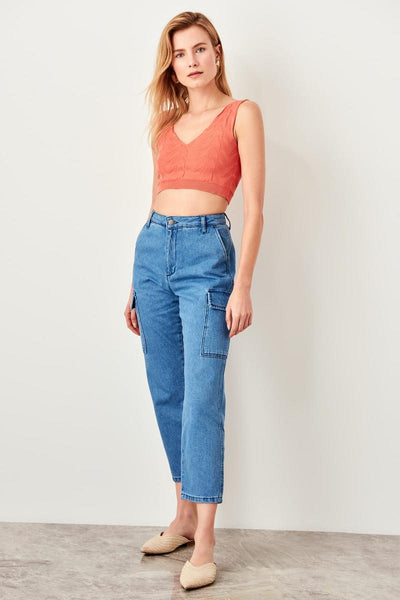 Blue Cargo Pocket High Waist Mom Jeans