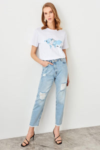 Ripped Detailed High Bel Mom Jeans