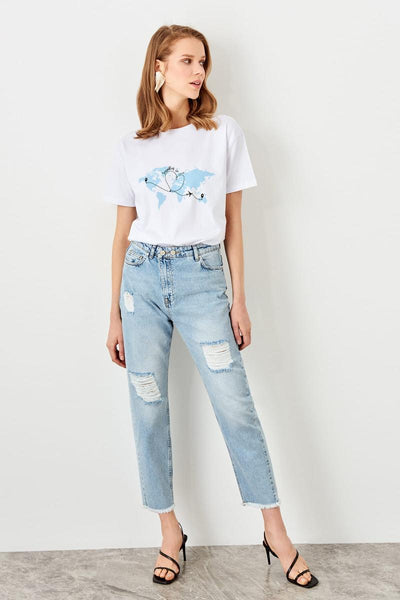 Ripped Detailed High Bel Mom Jeans