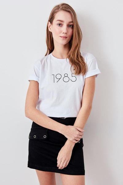 White Printed Basic Knitted T-Shirt