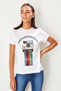 White Sequin Basic Knitted T-Shirts