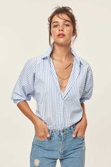 Blue Striped Balloon Sleeve Shirt