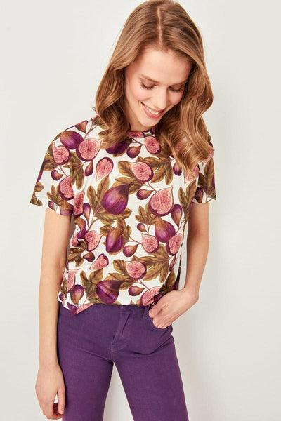 Multicolour Flower Patterned Semi-Fitted Knitted T Shirt