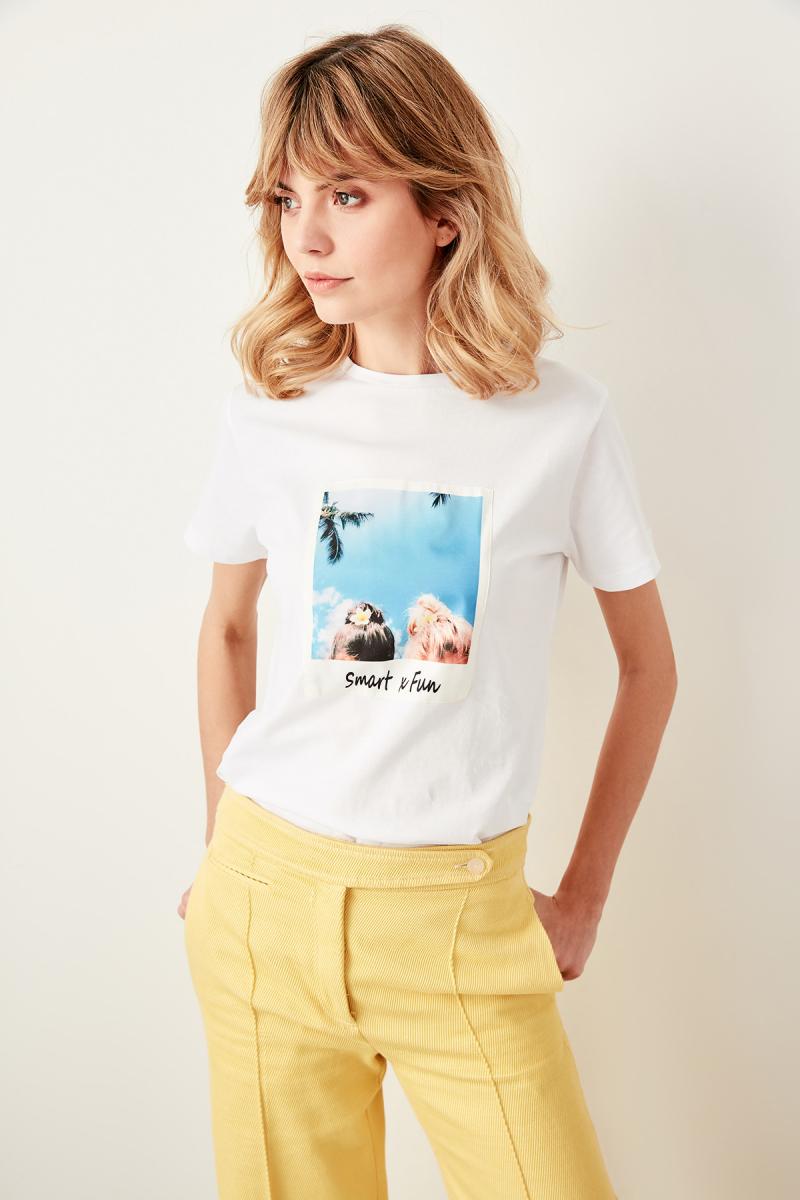 White Polaroid Printed Basic Knitted T-Shirts