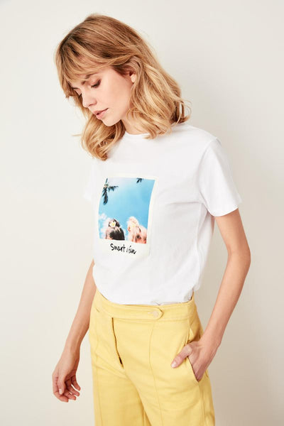 White Polaroid Printed Basic Knitted T-Shirts