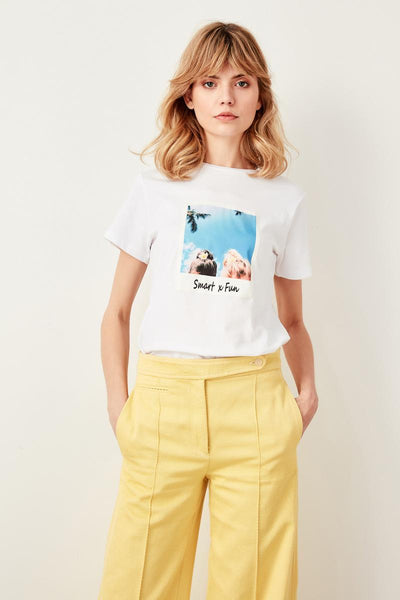 White Polaroid Printed Basic Knitted T-Shirts