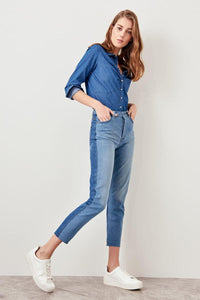 Blue Double Color High Waist Mom Jeans