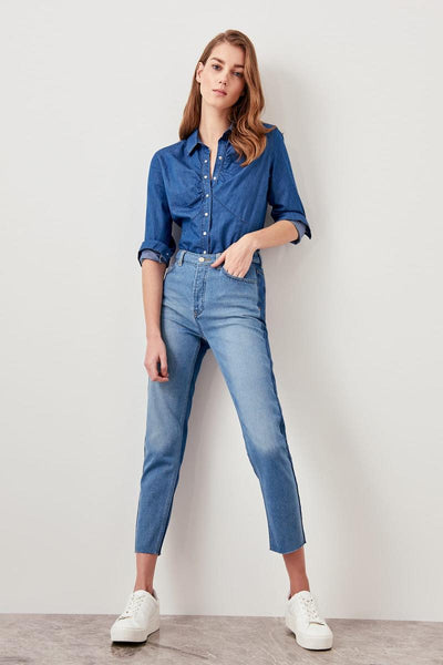 Blue Double Color High Waist Mom Jeans