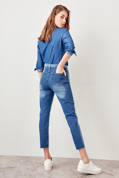 Blue Double Color High Waist Mom Jeans