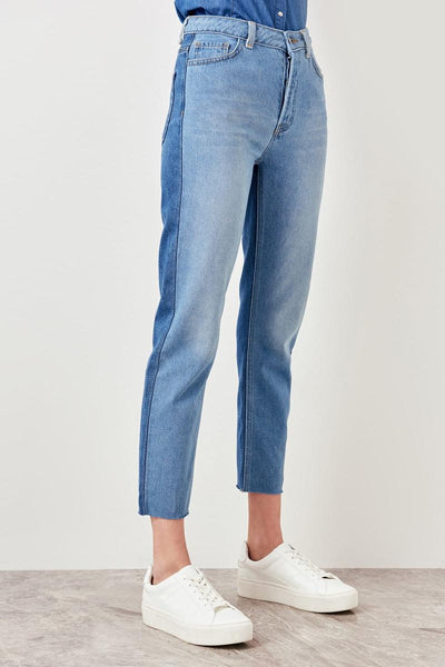 Blue Double Color High Waist Mom Jeans