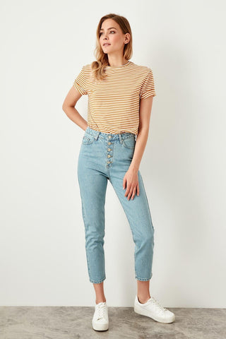 Indigo Front Button High Waist Mom Jeans